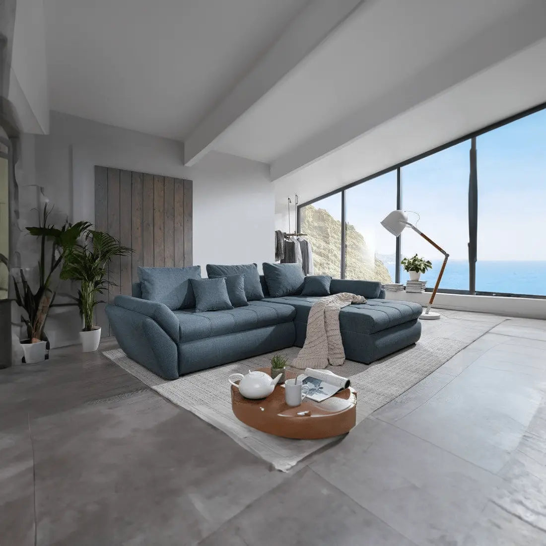 Colțar extensibil dumonde cu ladă de depozitare si sezut confortabil din spuma high-density, Loana Enjoy Blue II 270x185 cm