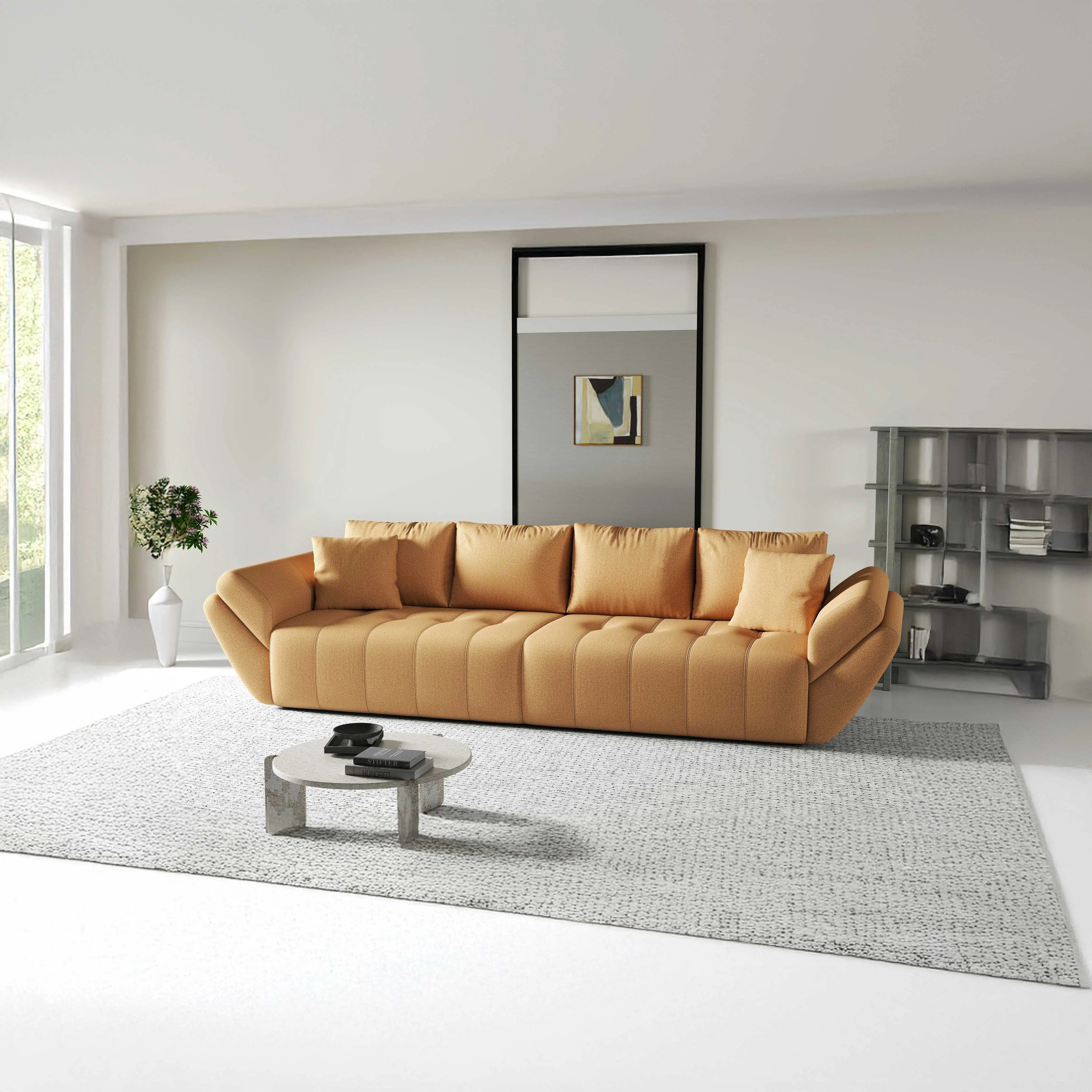 Canapea extensibilă dumonde cu ladă de depozitare si sezut confortabil din spuma HR, Berlin Enjoy Mango 300x100 cm Fabrica