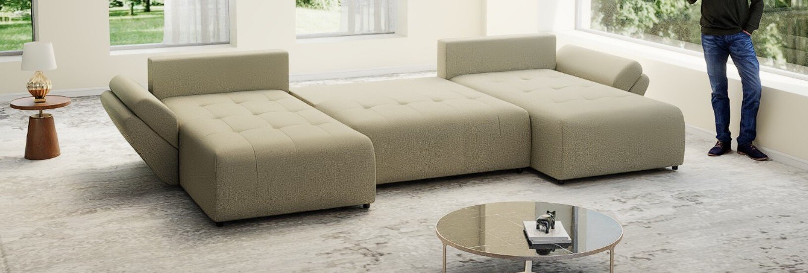 Colțar extensibil dumonde cu ladă de depozitare si sezut confortabil din spuma high-density, Berlin U Enjoy Camel 400x185 cm