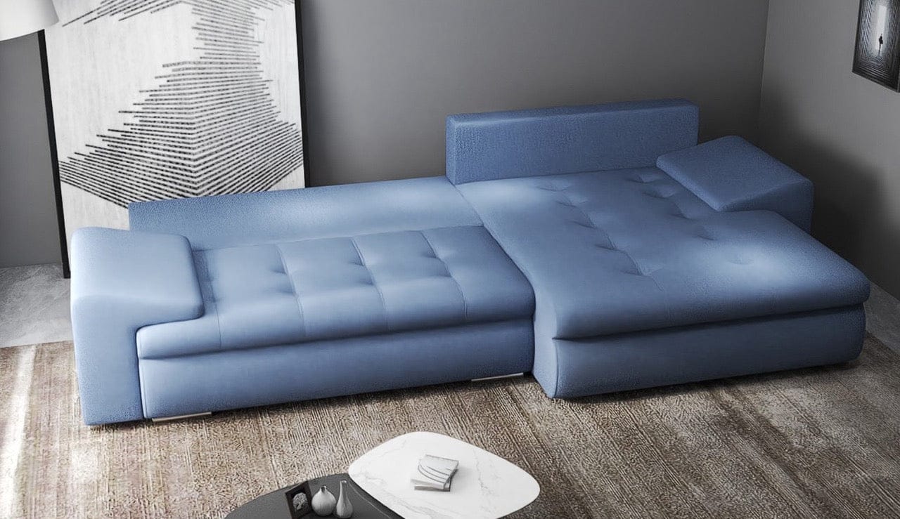 Colțar extensibil dumonde cu ladă de depozitare si sezut confortabil din spuma HR, Leonardo Enjoy Albastru 260x185 cm II Fabrica