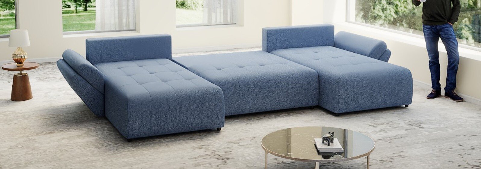Colțar extensibil dumonde cu ladă de depozitare si sezut confortabil din spuma high-density, Berlin U Enjoy Blue 400x185 cm