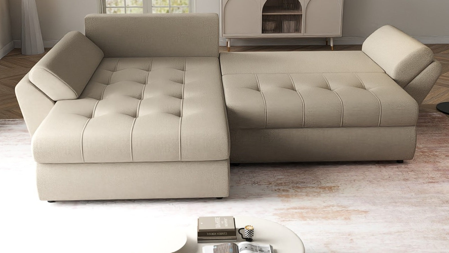 Colțar extensibil dumonde cu ladă de depozitare si sezut confortabil din spuma HR, Loana Enjoy Camel 270x185 cm Fabrica