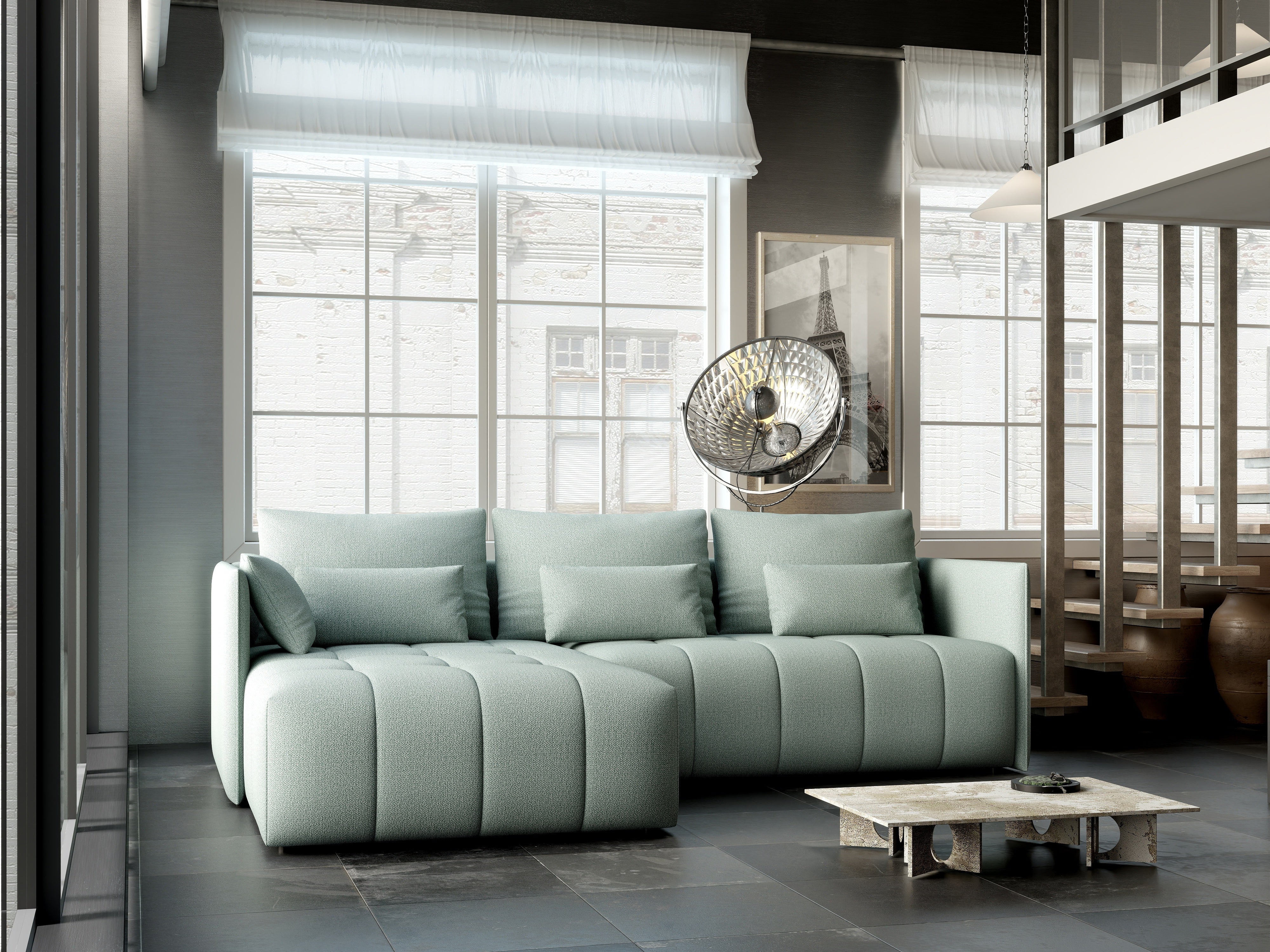 Colțar extensibil dumonde cu ladă de depozitare si sezut confortabil din spuma HR, Malta Enjoy Mint 235x185 cm Fabrica
