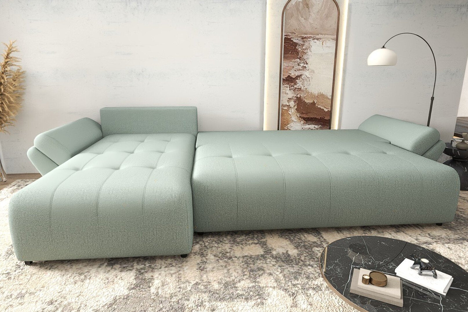 Colțar extensibil dumonde cu ladă de depozitare si sezut confortabil din spuma high-density, Berlin XL Enjoy Mint 350x185 cm