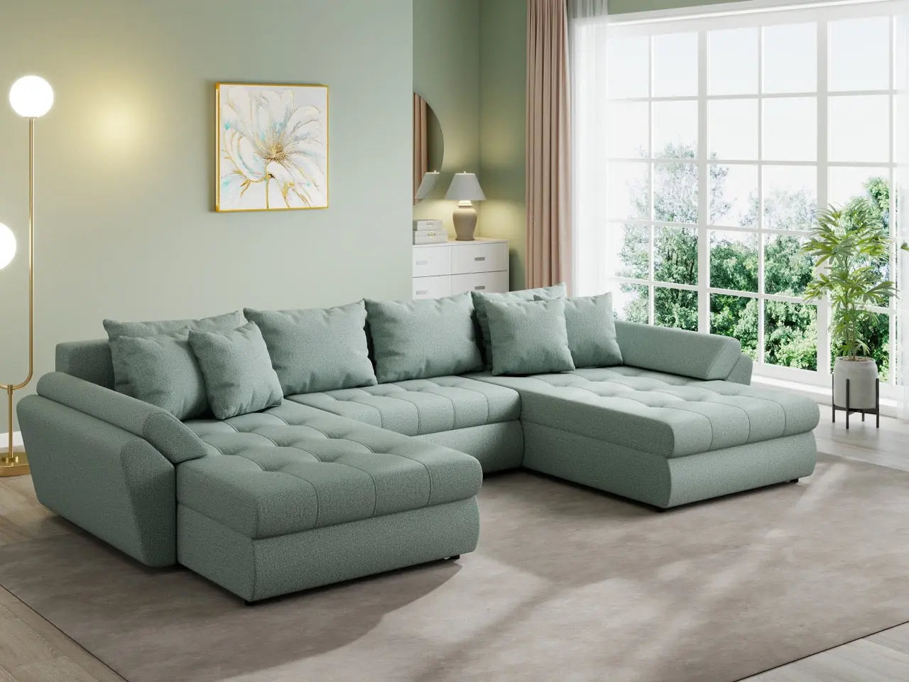 Colțar extensibil dumonde cu ladă de depozitare si sezut confortabil din spuma HR, Loana U Enjoy Mint 355x185 cm Fabrica