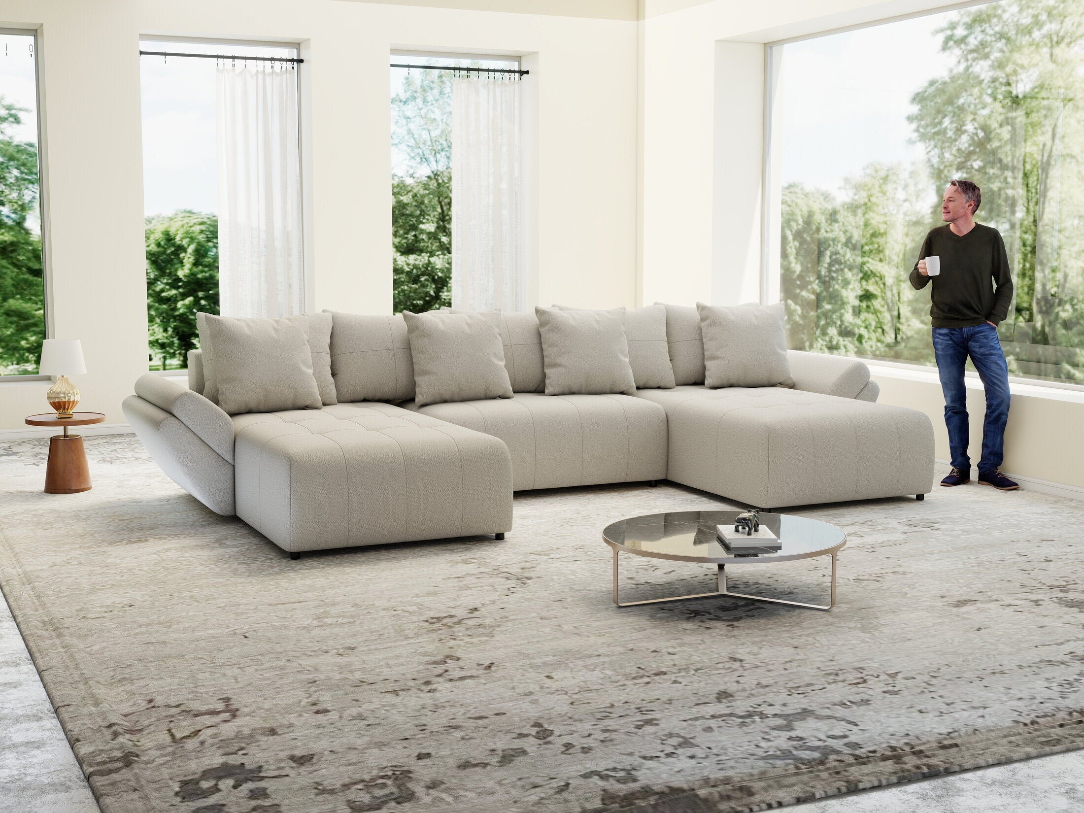 Colțar extensibil dumonde cu ladă de depozitare si sezut confortabil din spuma high-density, Berlin U Enjoy Bej 400x185 cm