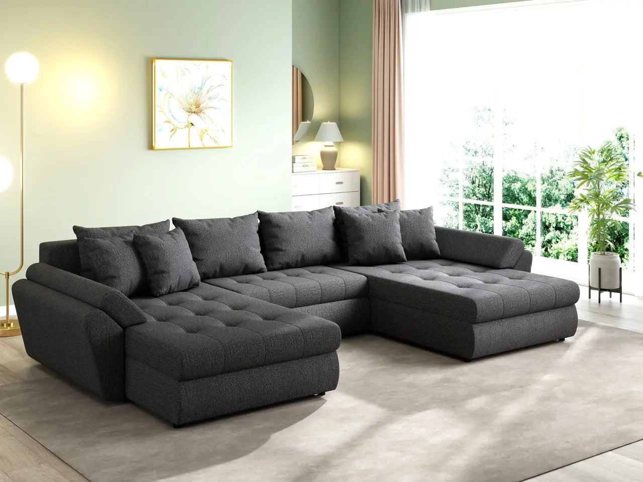 Colțar extensibil dumonde cu ladă de depozitare si sezut confortabil din spuma HR, Loana U Enjoy Grafit 355x185 cm Fabrica