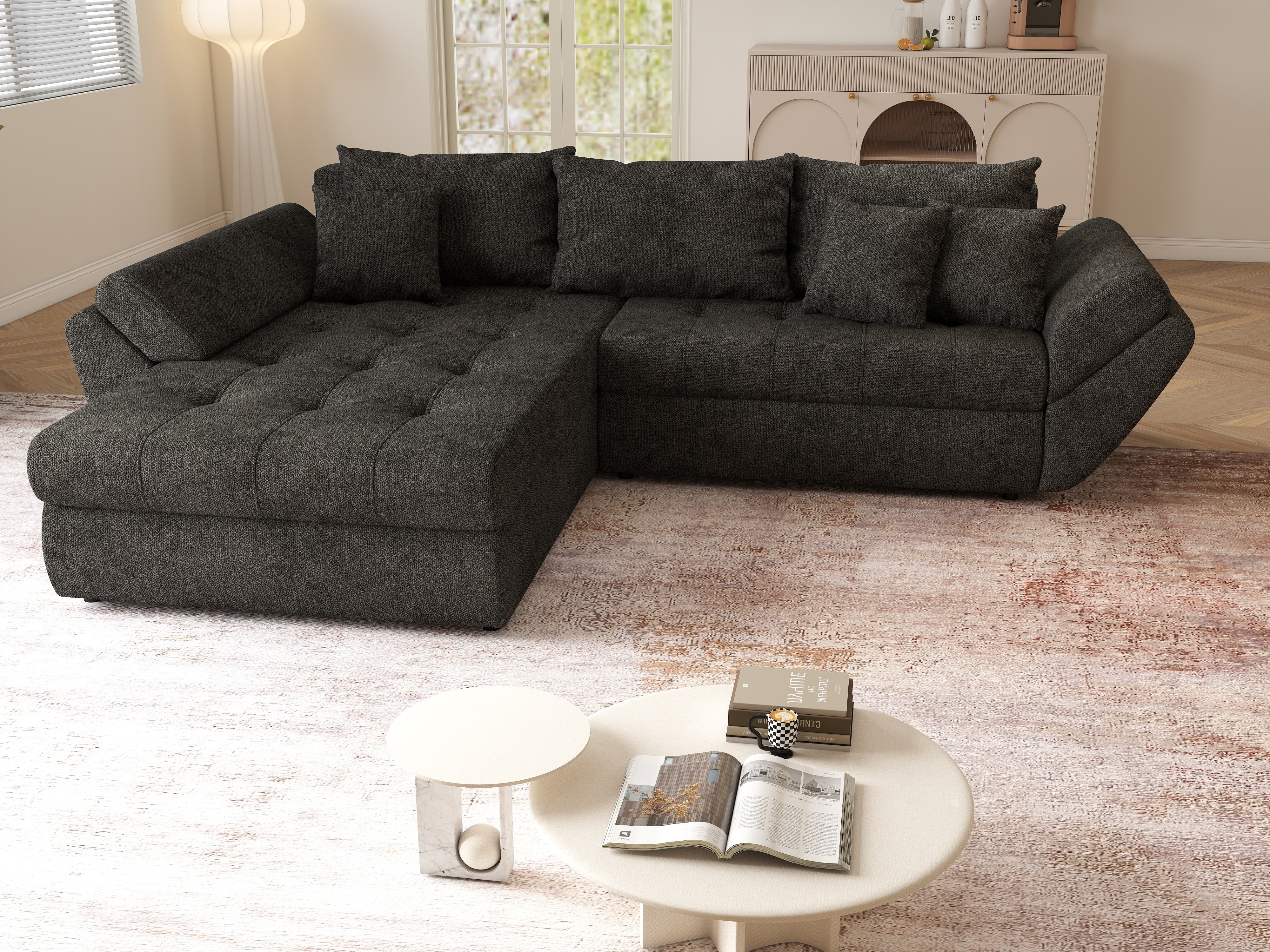 Colțar extensibil dumonde cu ladă de depozitare si sezut confortabil din spuma HR, Loana Enjoy Black II 270x185 cm Fabrica