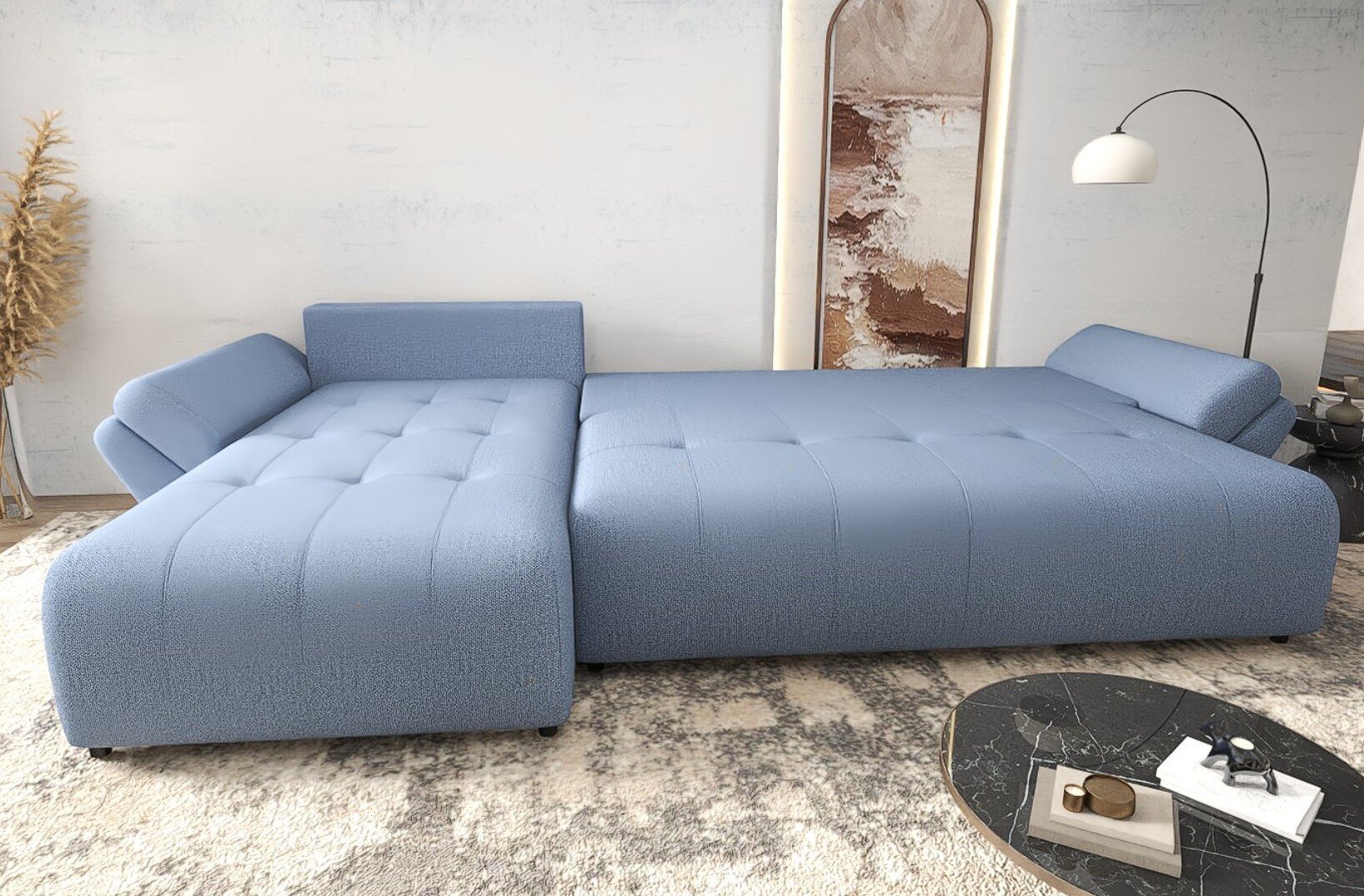 Colțar extensibil dumonde cu ladă de depozitare si sezut confortabil din spuma high-density, Berlin XL Enjoy Blue 350x185 cm