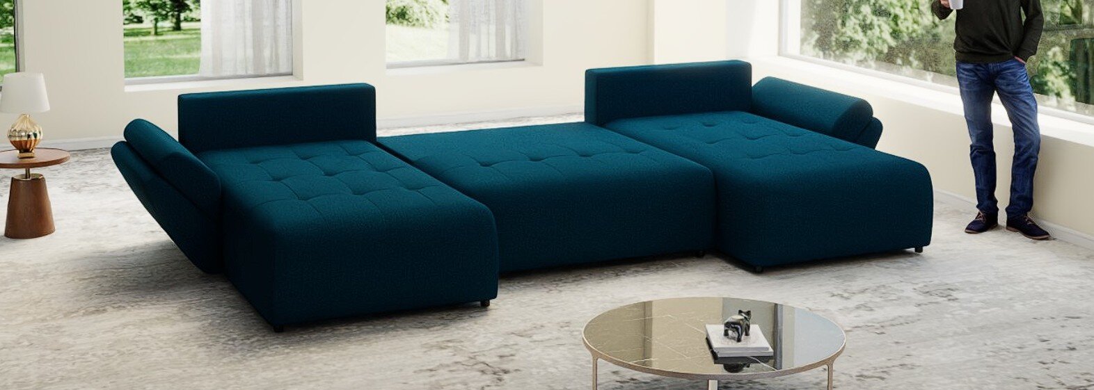 Colțar extensibil dumonde cu ladă de depozitare si sezut confortabil din spuma high-density, Berlin U Enjoy Petrol 400x185 cm