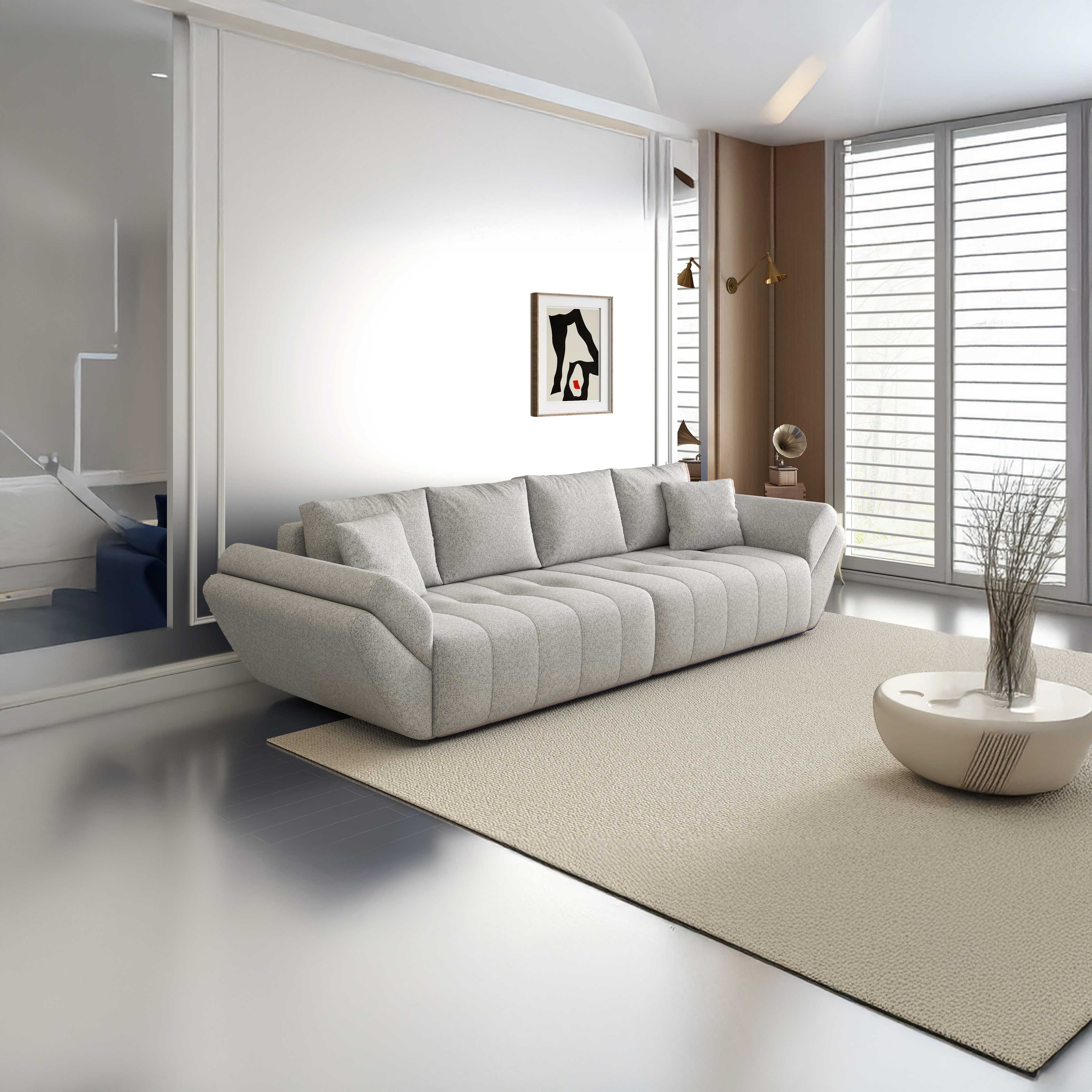 Canapea extensibilă dumonde cu ladă de depozitare si sezut confortabil din spuma HR, Berlin Euphoria Dove 300x100 cm Fabrica