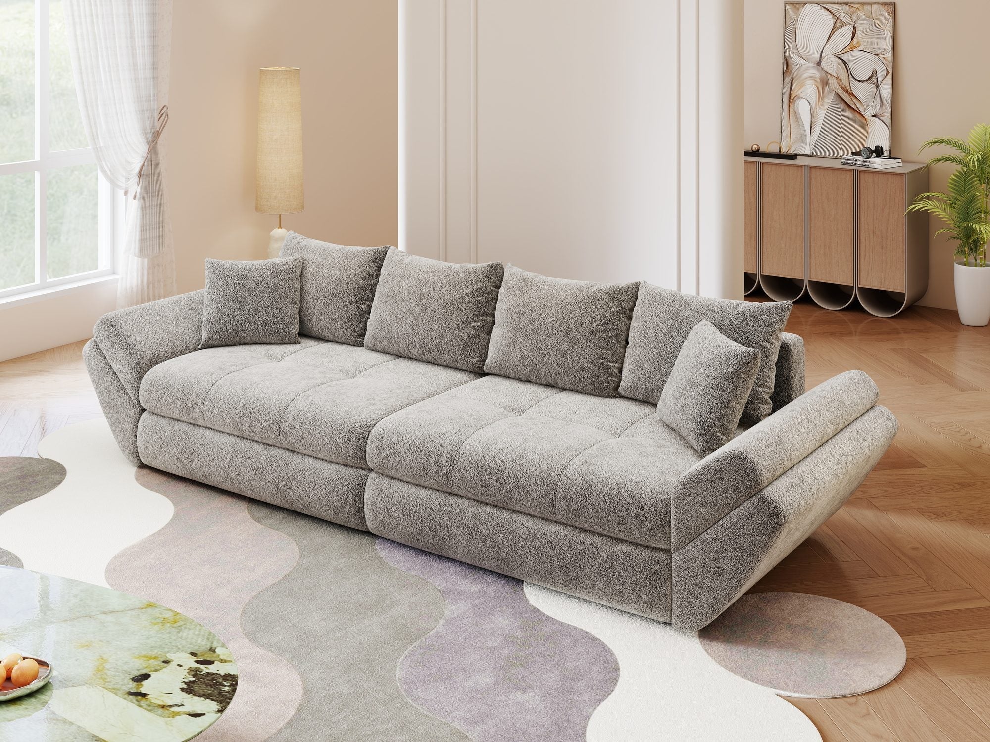 Dumonde kihúzható kanapé tároló rekesszel és kényelmes, nagy sűrűségű habszivacs ülőfelülettel, Loana Arena Grafit Szürke 300x100 cm