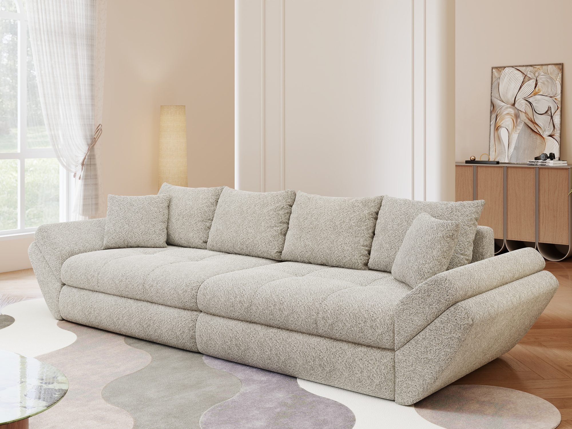 Dumonde kihúzható kanapé tároló rekesszel és kényelmes, nagy sűrűségű habszivacsból készült ülőfelülettel, Loana Arena Bézs 300x100 cm