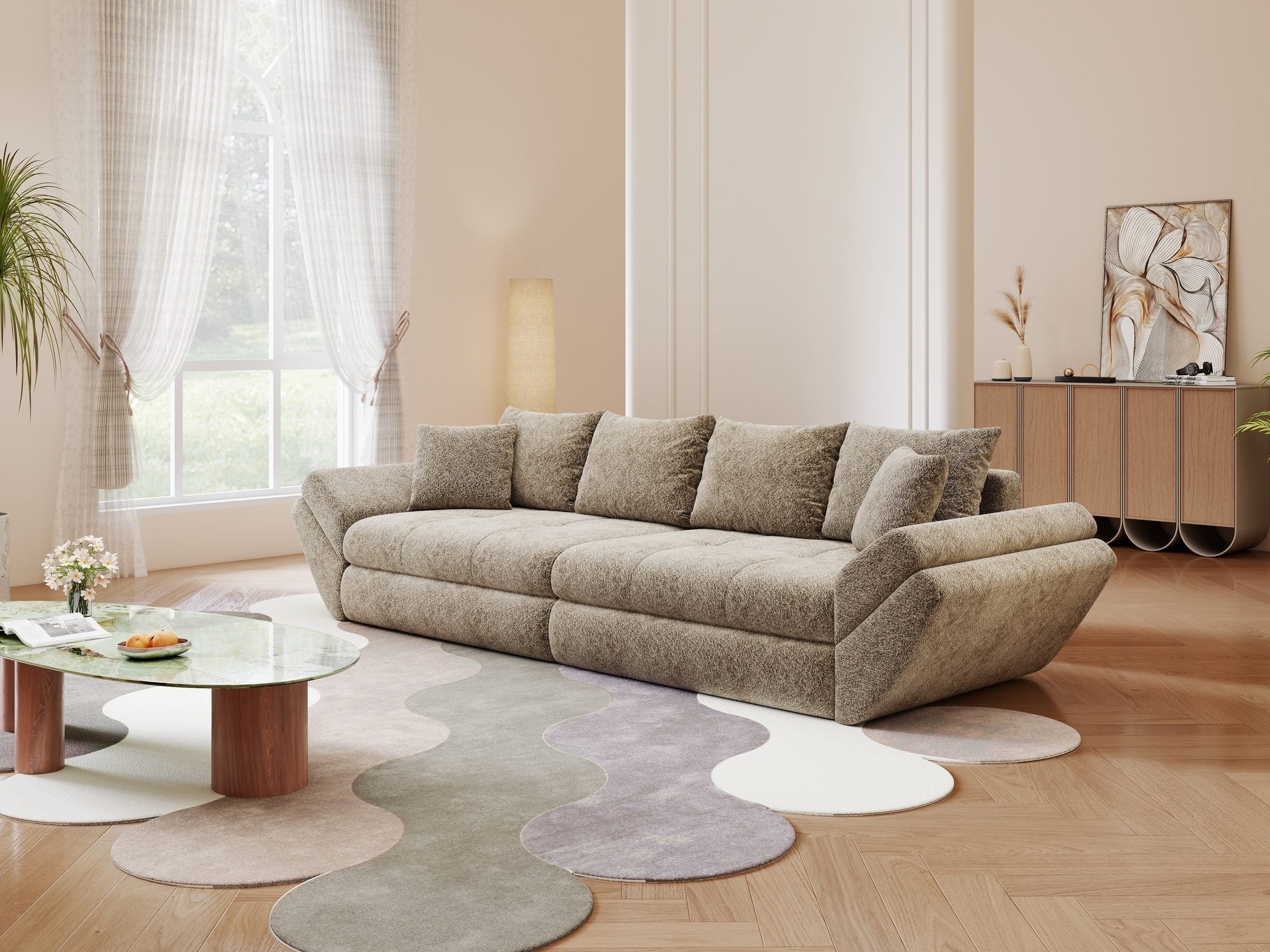 Dumonde kihúzható kanapé tárolórekesszel és kényelmes, nagy sűrűségű habszivacs ülőrésszel, Loana Arena Bézs 300x100 cm
