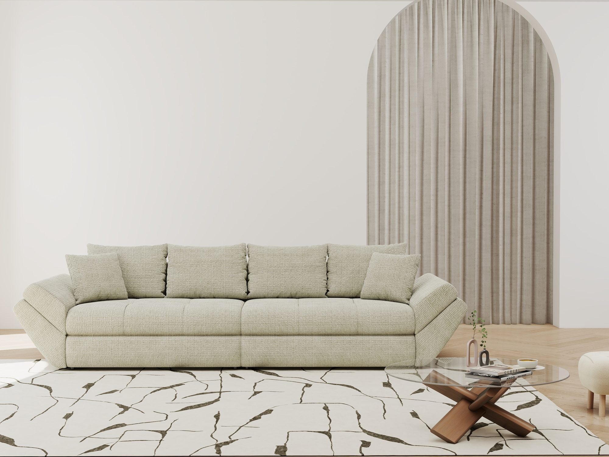 Dumonde kihúzható kanapé tárolórekesszel és kényelmes, nagy sűrűségű habszivacs ülőrésszel, Loana Cremona Bézs 300x100 cm