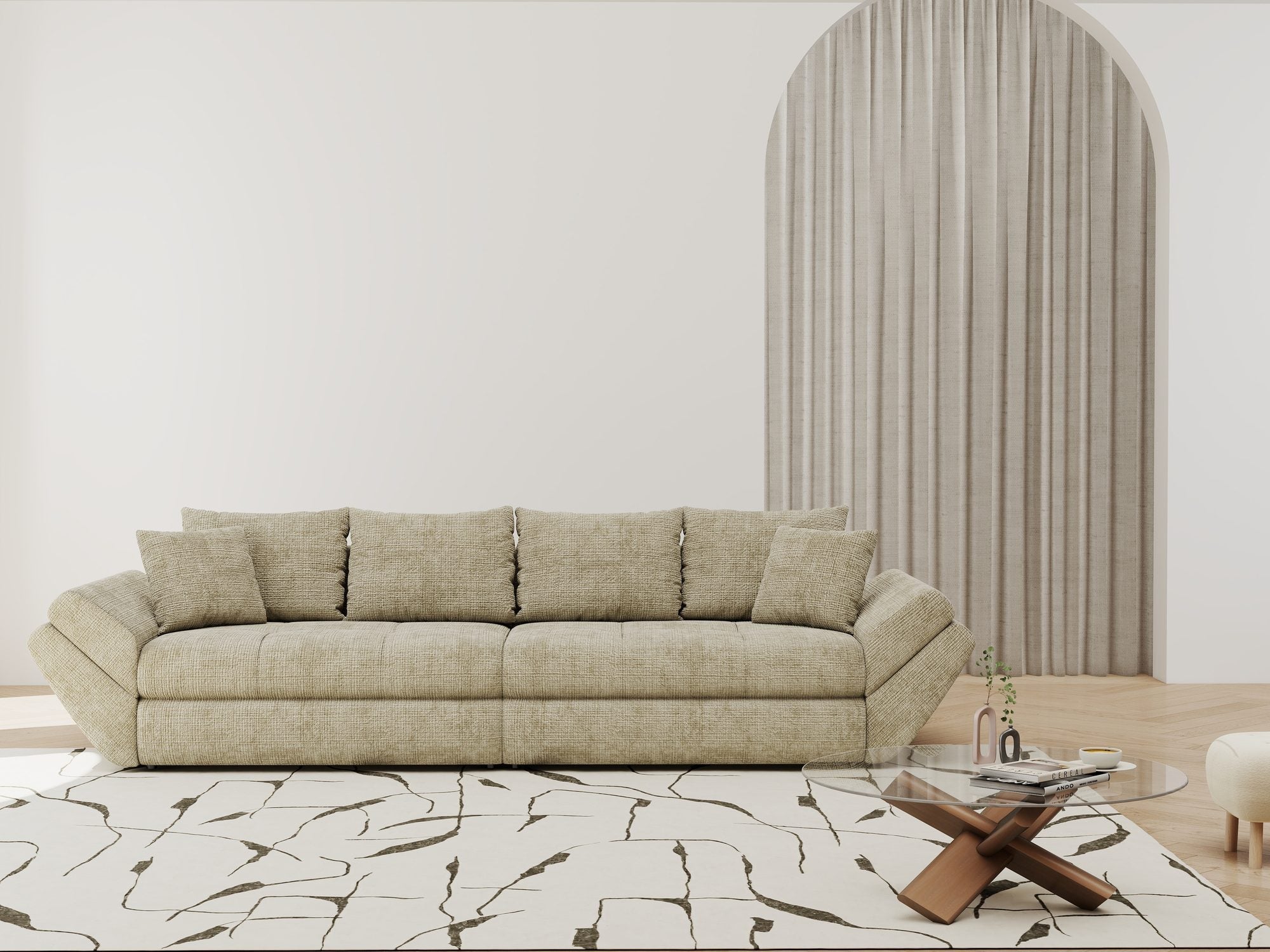 Dumonde kihúzható kanapé tároló rekesszel és kényelmes, nagy sűrűségű habszivacs ülőfelülettel, Loana Cremona Bézs 300x100 cm