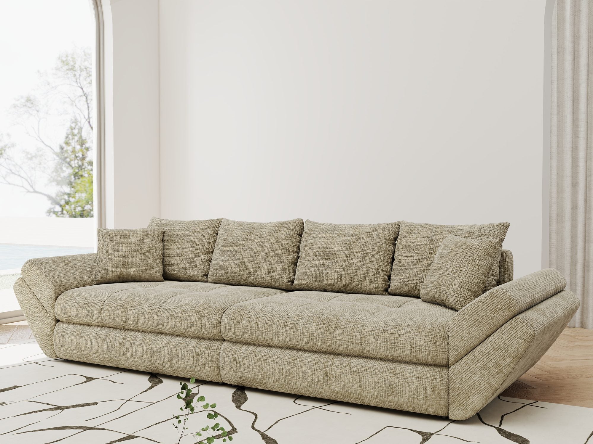 Dumonde kihúzható kanapé tároló rekesszel és kényelmes, nagy sűrűségű habszivacs ülőfelülettel, Loana Cremona Bézs 300x100 cm
