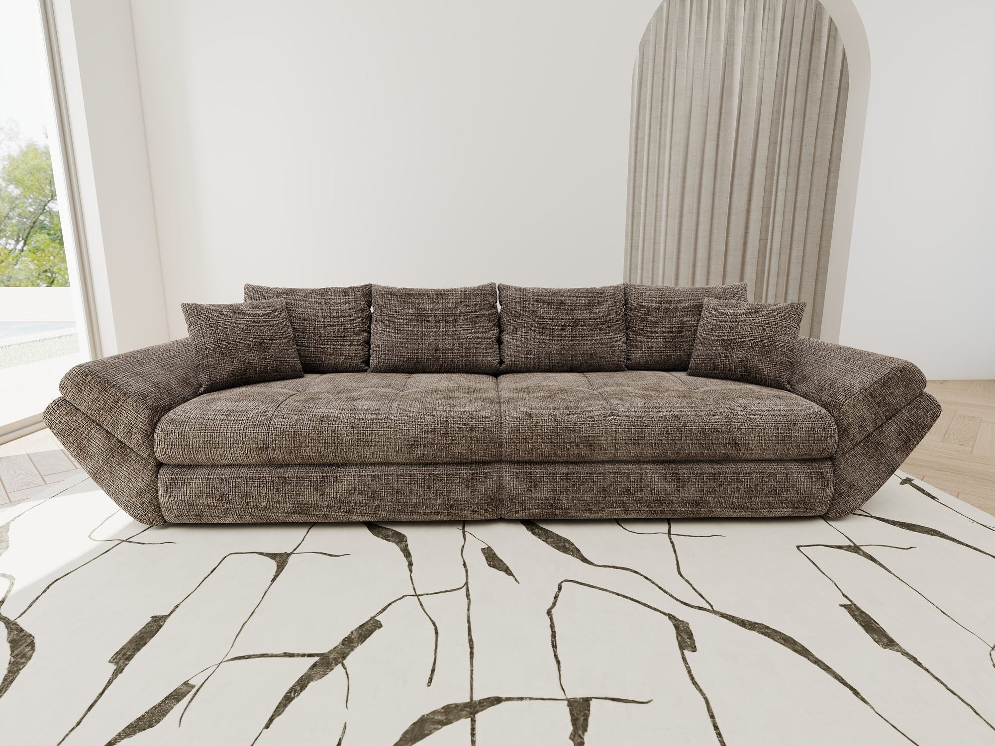 Dumonde kihúzható kanapé tárolórekesszel és kényelmes, nagy sűrűségű habszivacs ülőrésszel, Loana Cremona Barna-beige 300x100 cm