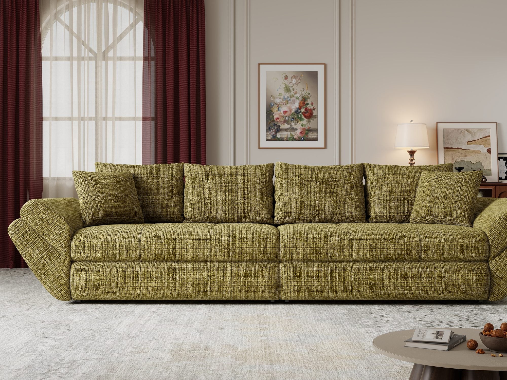 Dumonde kihúzható kanapé tárolórekesszel és kényelmes, nagy sűrűségű habszivacs ülőrésszel, Loana Cremona Olive 300x100 cm