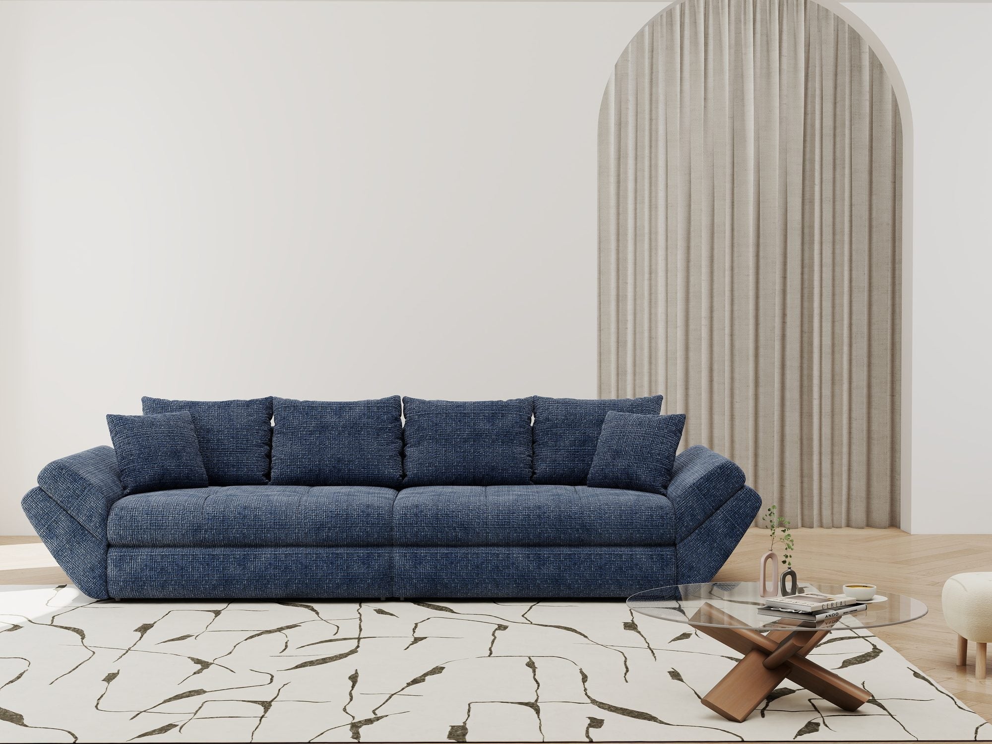 Dumonde kihúzható kanapé tárolórekesszel és kényelmes, nagy sűrűségű habszivacs ülőrésszel, Loana Cremona Kék 300x100 cm