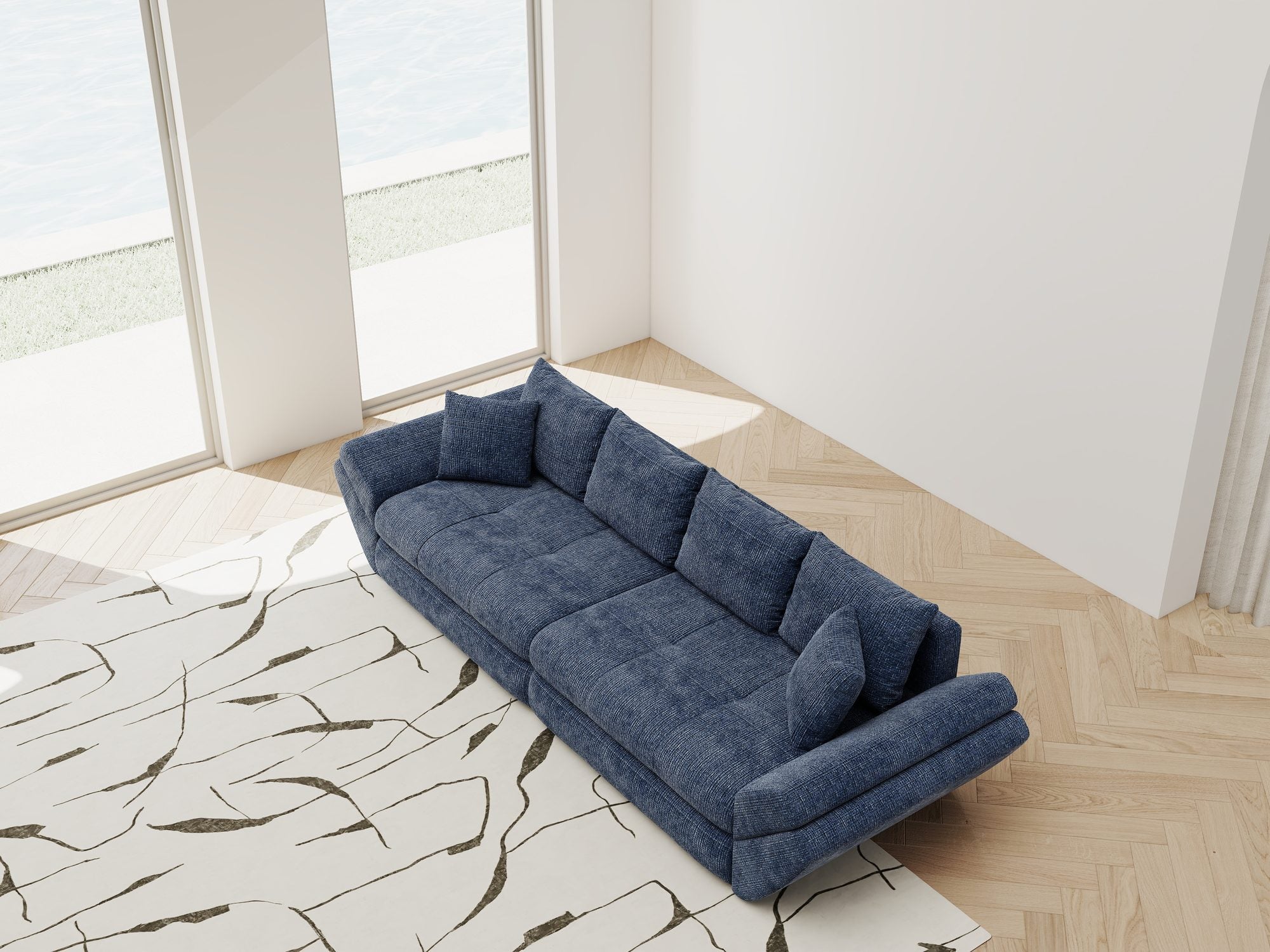 Dumonde kihúzható kanapé tárolórekesszel és kényelmes, nagy sűrűségű habszivacs ülőrésszel, Loana Cremona Kék 300x100 cm