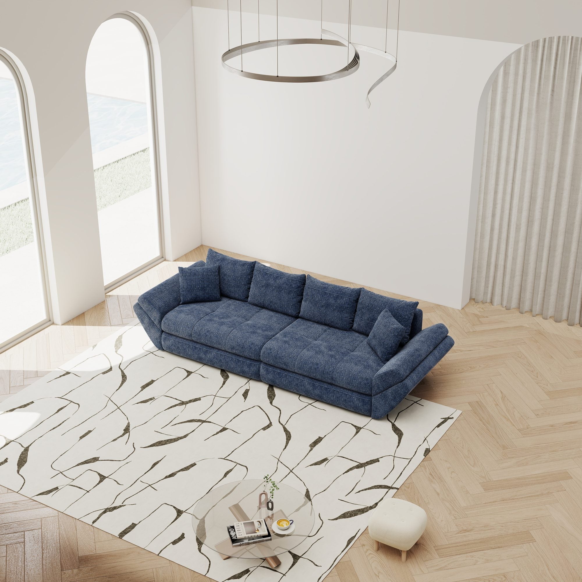 Dumonde kihúzható kanapé tárolórekesszel és kényelmes, nagy sűrűségű habszivacs ülőrésszel, Loana Cremona Kék 300x100 cm