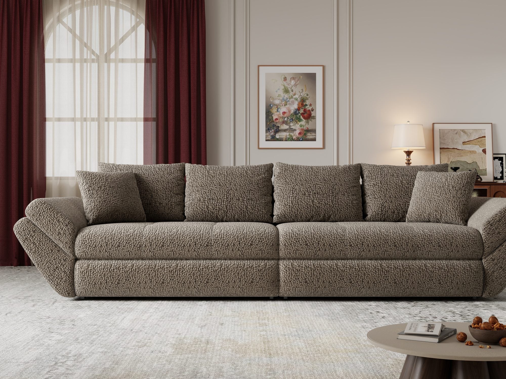 Dumonde kihúzható kanapé tárolórekesszel és kényelmes, nagy sűrűségű habszivacs ülőrésszel, Loana Jaguar Barna cappuccino 300x100 cm