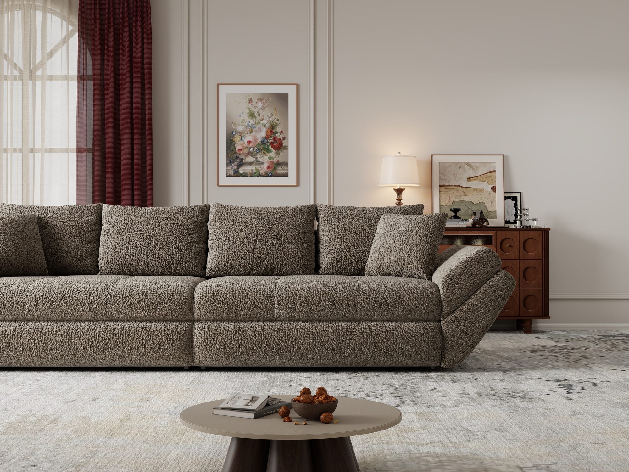 Dumonde kihúzható kanapé tárolórekesszel és kényelmes, nagy sűrűségű habszivacs ülőrésszel, Loana Jaguar Barna cappuccino 300x100 cm