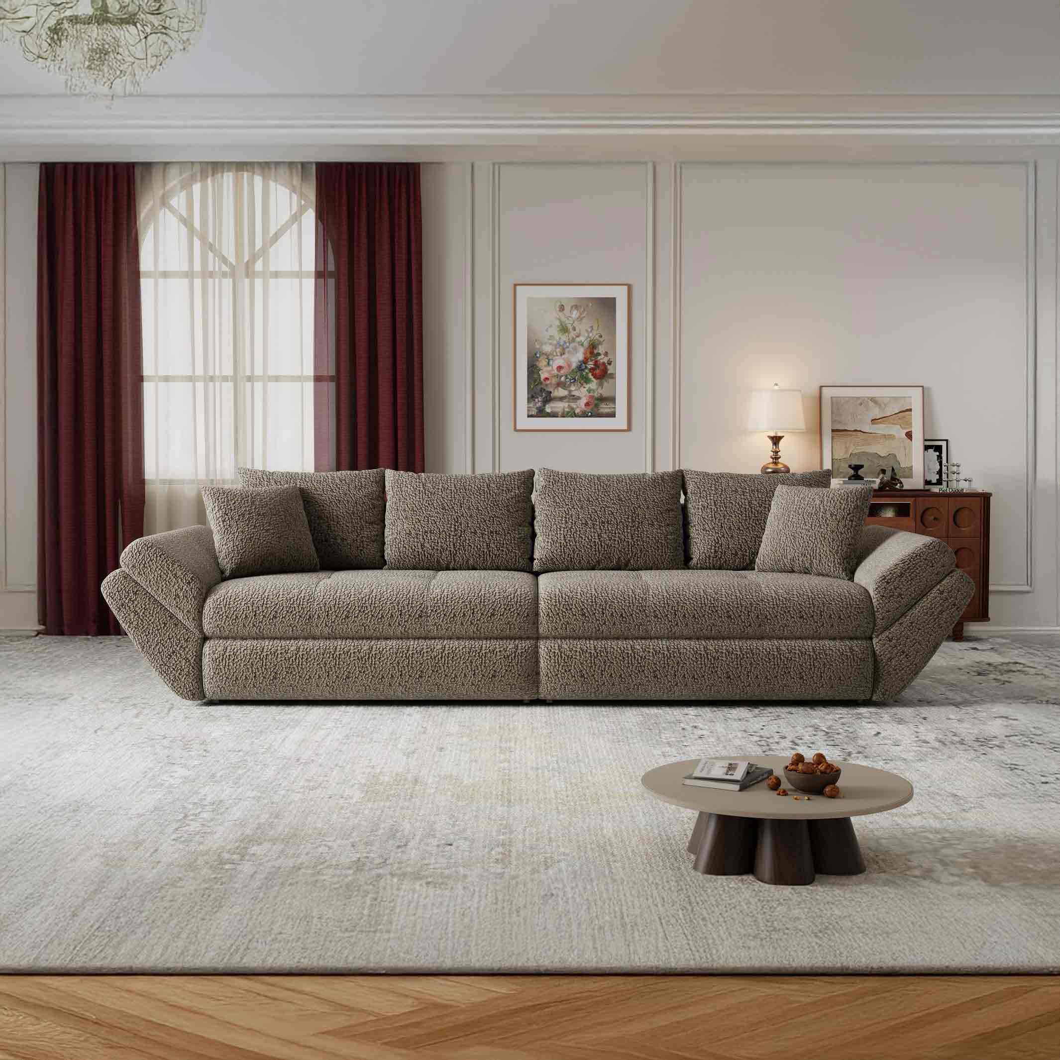 Dumonde kihúzható kanapé tárolórekesszel és kényelmes, nagy sűrűségű habszivacs ülőrésszel, Loana Jaguar Barna cappuccino 300x100 cm