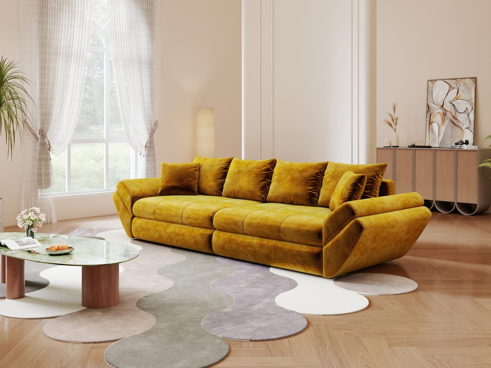 Dumonde kihúzható kanapé tárolórekesszel és kényelmes, nagy sűrűségű habszivacs ülőrésszel, Loana Monolith Mustár 300x100 cm