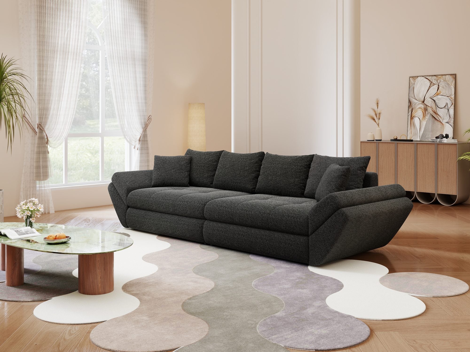 Dumonde kihúzható kanapé tárolórekesszel és kényelmes, nagy sűrűségű habszivacs ülőrésszel, Loana Monte Fekete 300x100 cm