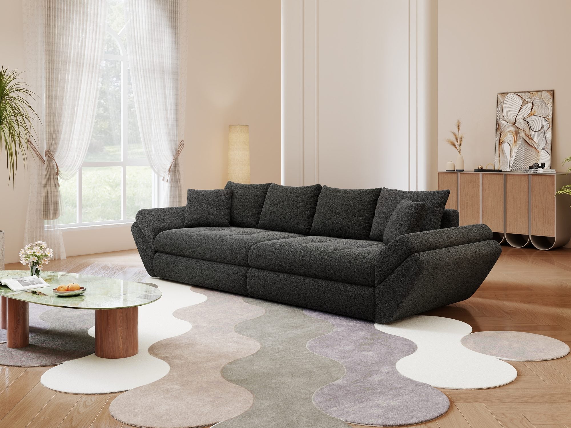Dumonde kihúzható kanapé tárolórekesszel és kényelmes, nagy sűrűségű habszivacs ülőrésszel, Loana Monte Fekete 300x100 cm