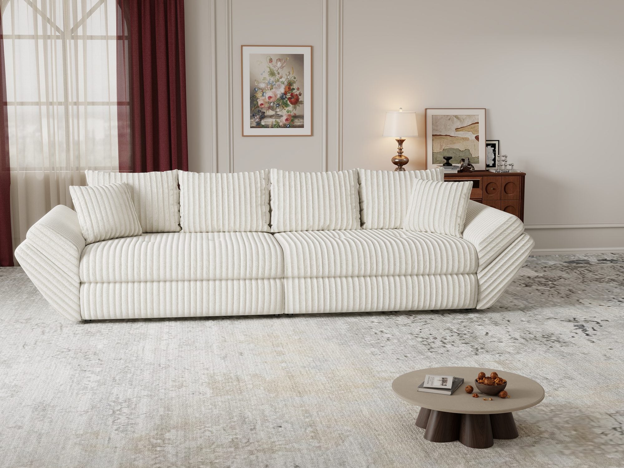 Dumonde kihúzható kanapé tárolórekesszel és kényelmes, nagy sűrűségű habszivacs ülőrésszel, Loana Tilia Bézs 300x100 cm