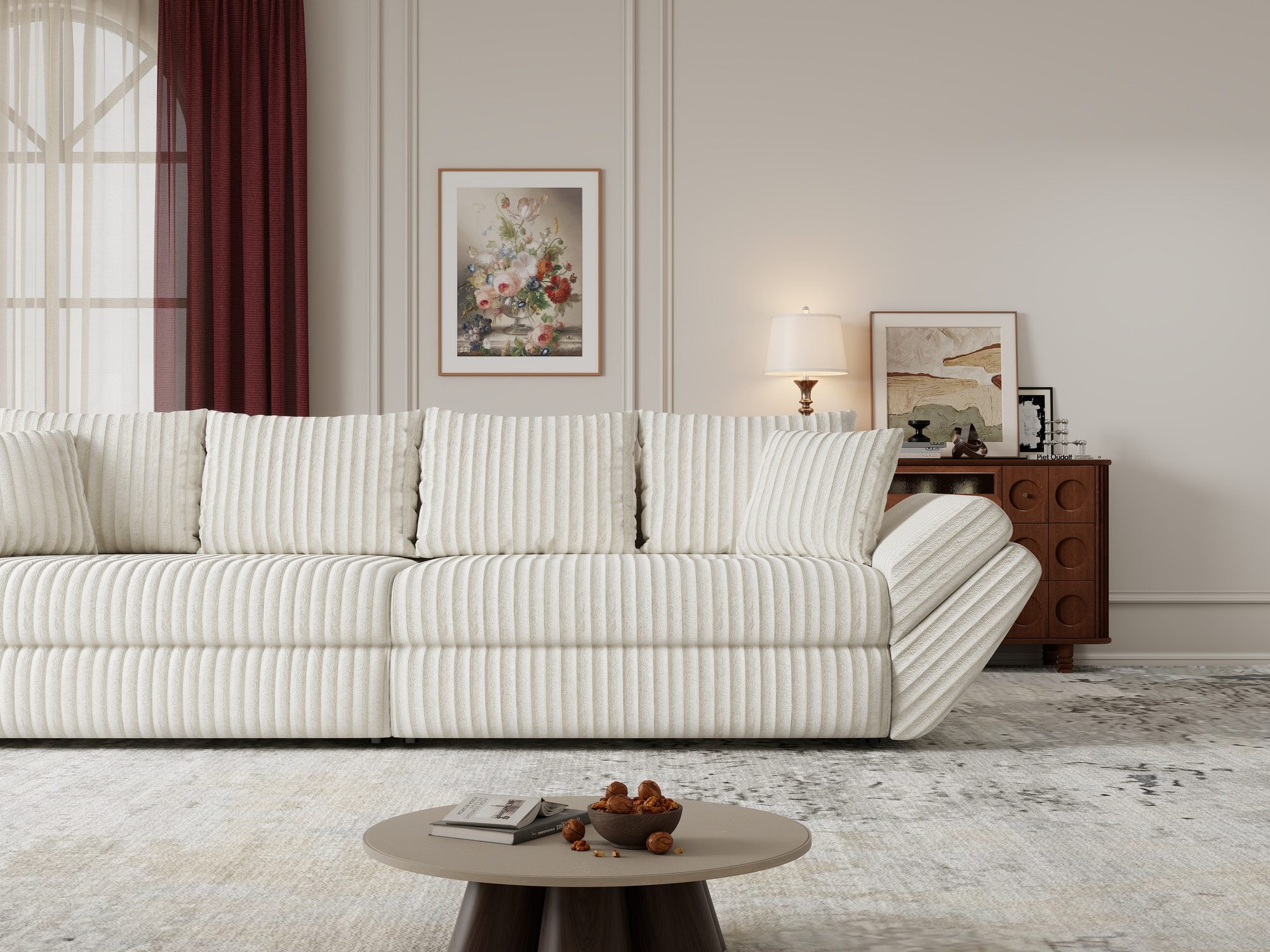 Dumonde kihúzható kanapé tárolórekesszel és kényelmes, nagy sűrűségű habszivacs ülőrésszel, Loana Tilia Bézs 300x100 cm