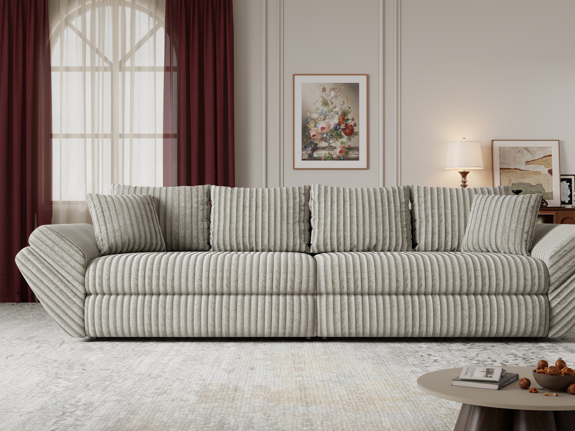 Dumonde kihúzható kanapé tároló rekesszel és kényelmes, nagy sűrűségű habszivacsból készült ülőfelülettel, Loana Tilia Szürke-beige 300x100 cm