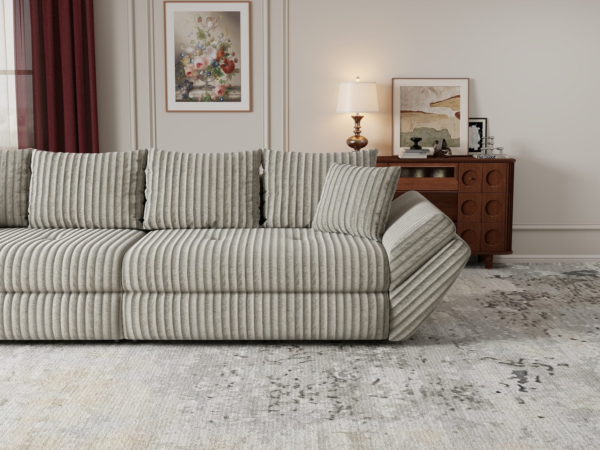 Dumonde kihúzható kanapé tároló rekesszel és kényelmes, nagy sűrűségű habszivacsból készült ülőfelülettel, Loana Tilia Szürke-beige 300x100 cm