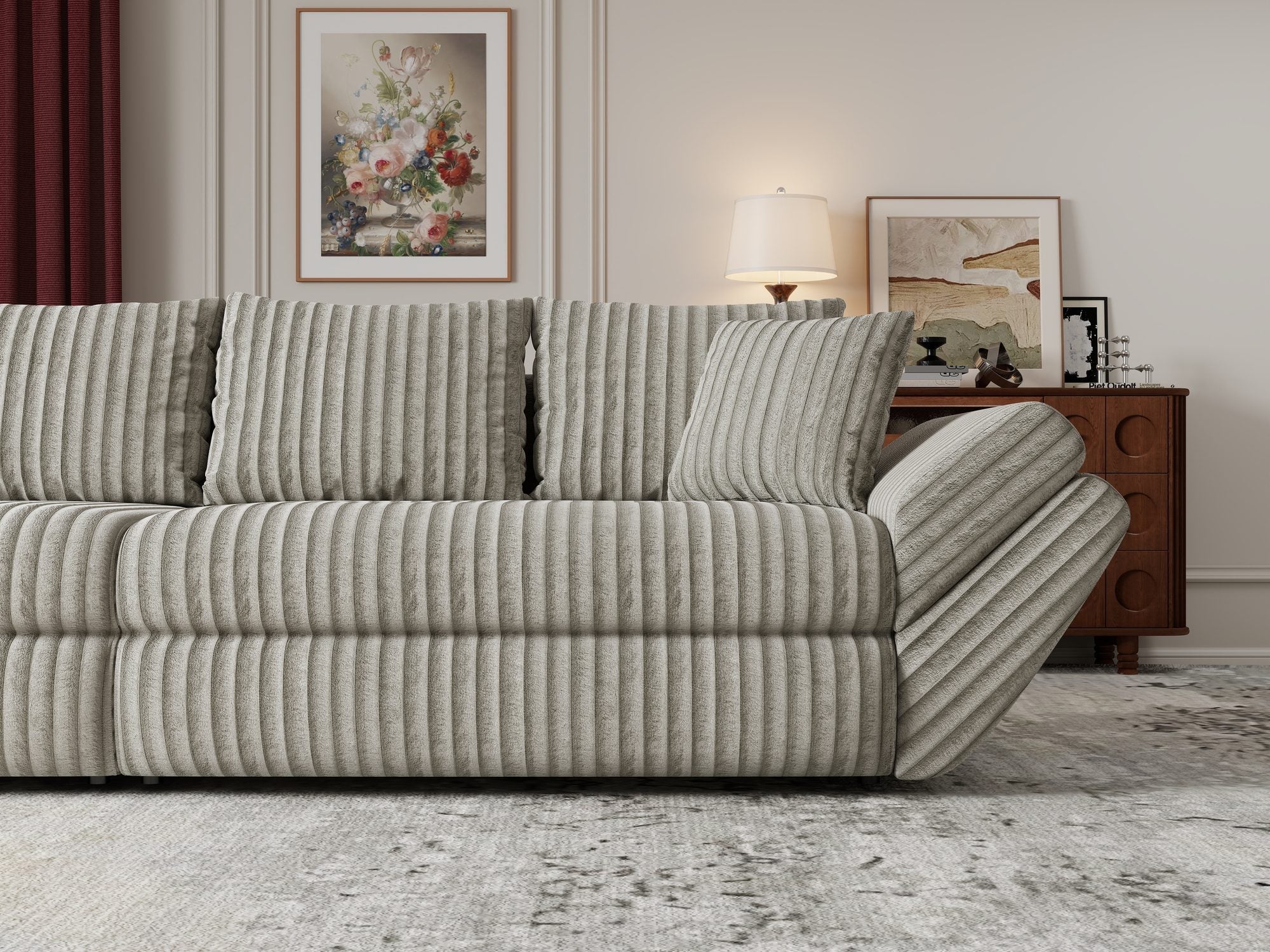 Dumonde kihúzható kanapé tároló rekesszel és kényelmes, nagy sűrűségű habszivacsból készült ülőfelülettel, Loana Tilia Szürke-beige 300x100 cm