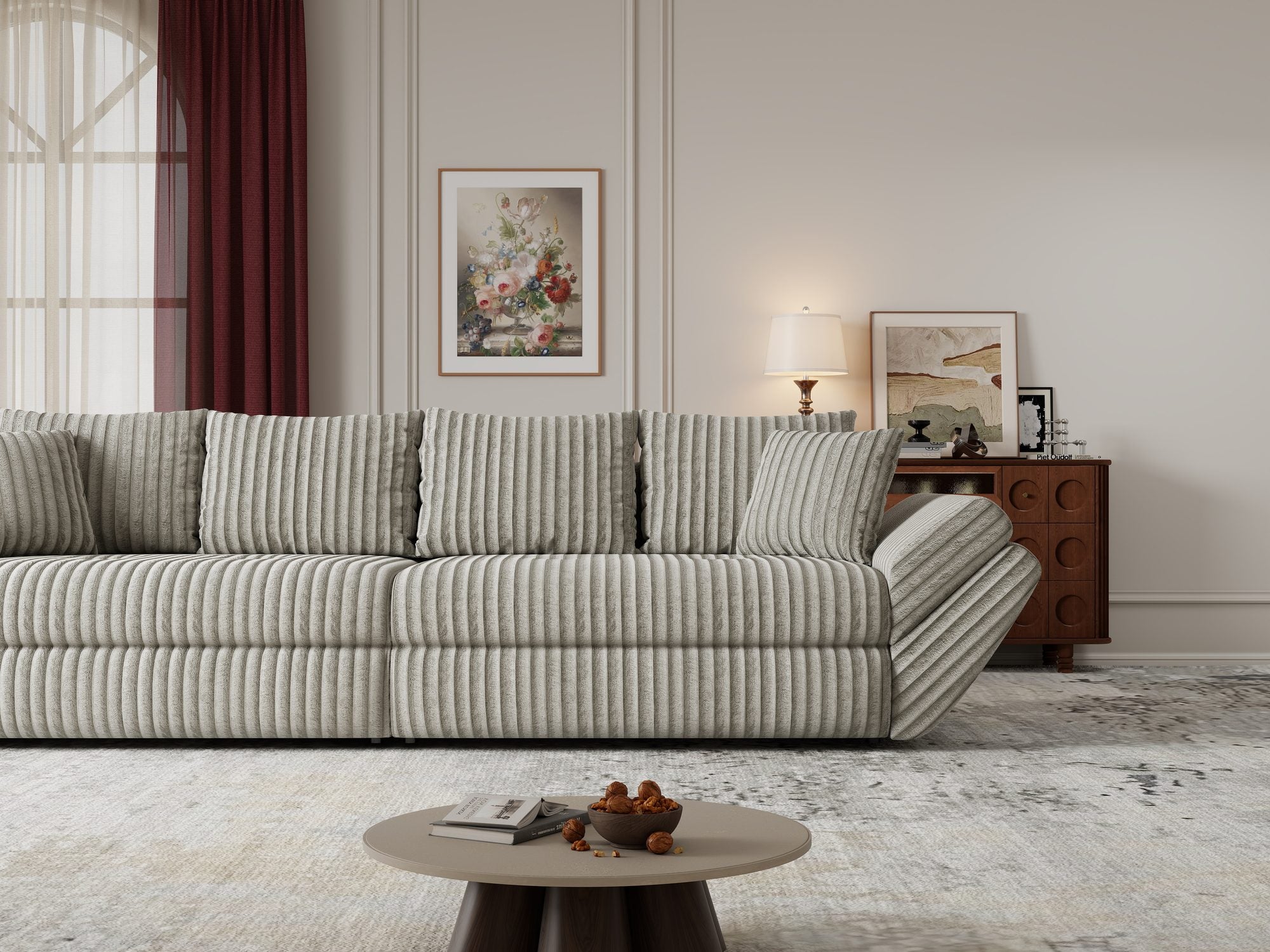 Dumonde kihúzható kanapé tároló rekesszel és kényelmes, nagy sűrűségű habszivacsból készült ülőfelülettel, Loana Tilia Szürke-beige 300x100 cm