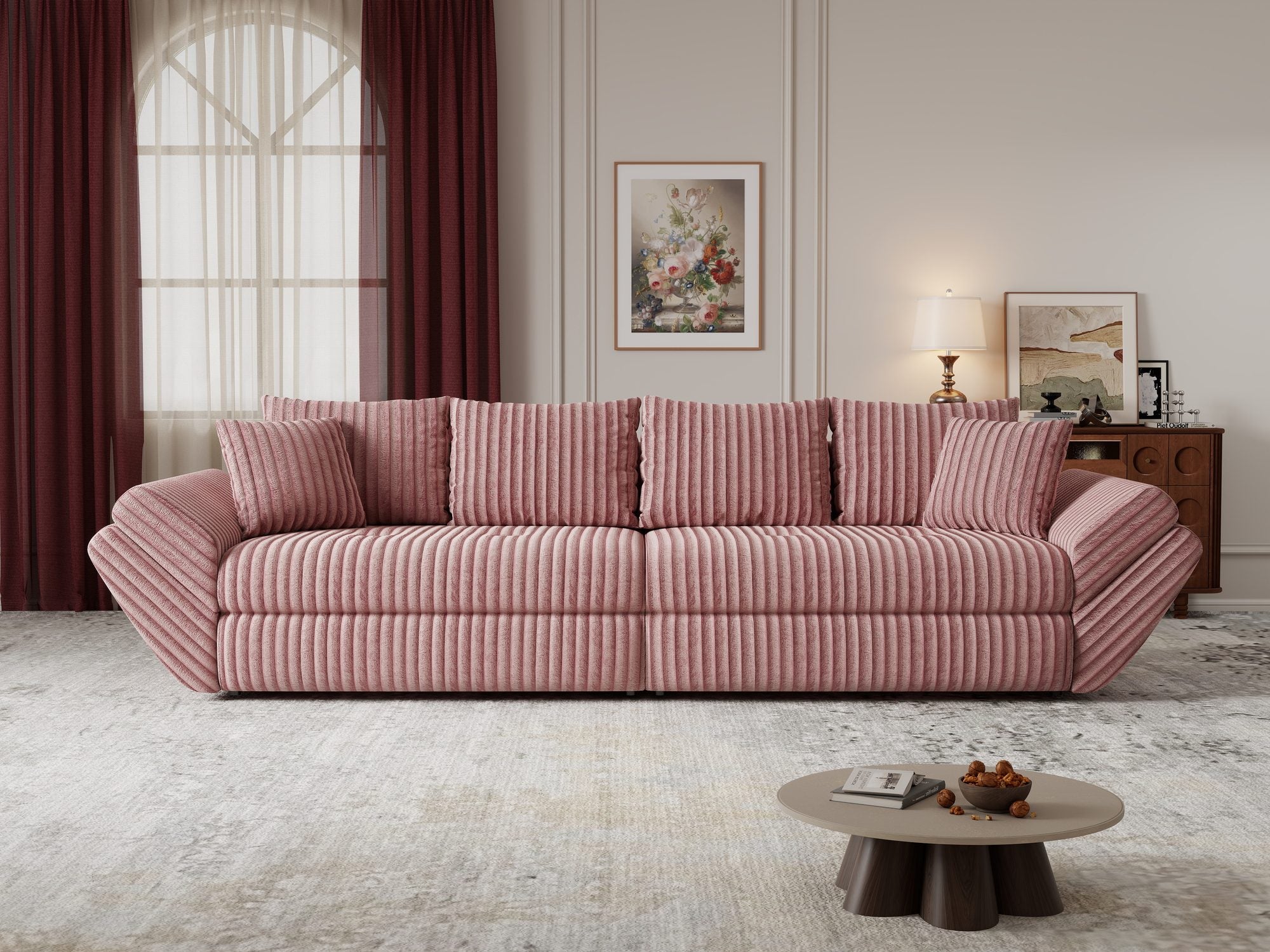 Dumonde kihúzható kanapé tárolórekesszel és kényelmes, nagy sűrűségű habszivacs ülőrésszel, Loana Tilia Poros rózsaszín 300x100 cm