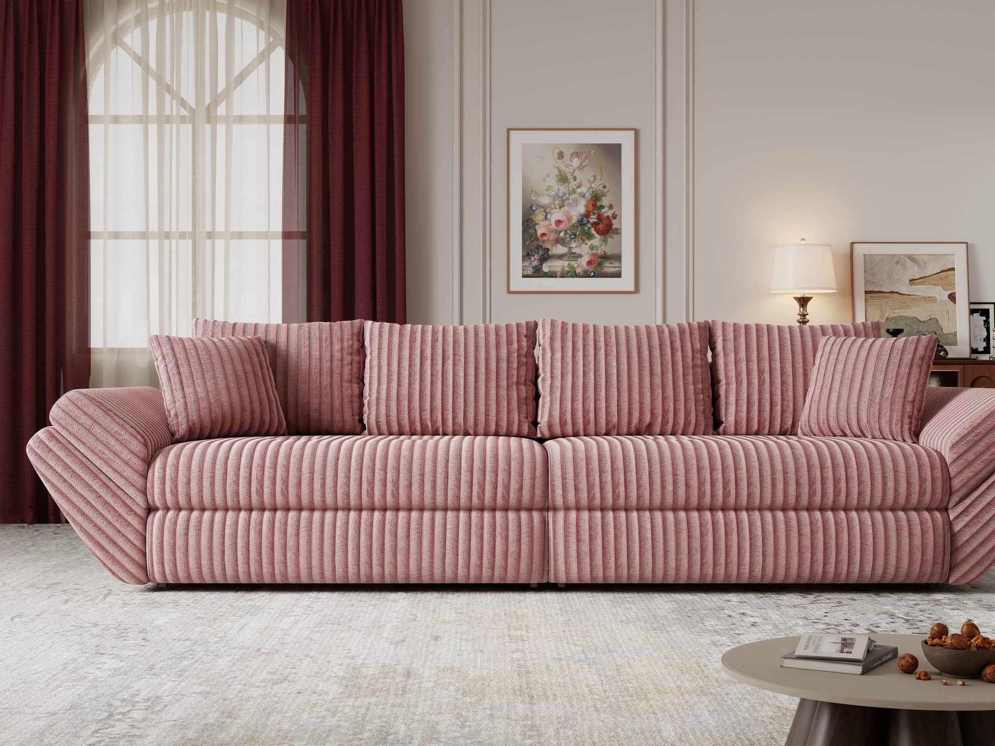Dumonde kihúzható kanapé tárolórekesszel és kényelmes, nagy sűrűségű habszivacs ülőrésszel, Loana Tilia Poros rózsaszín 300x100 cm