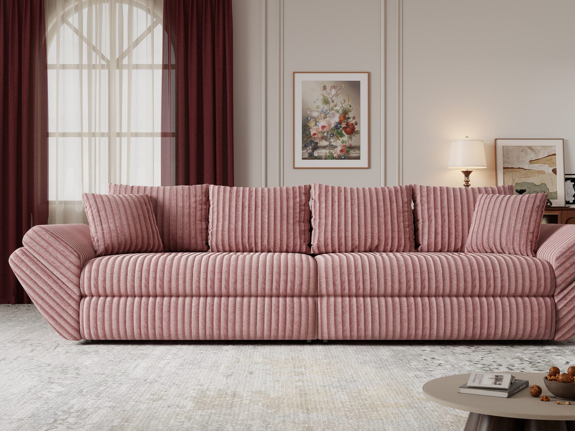 Dumonde kihúzható kanapé tárolórekesszel és kényelmes, nagy sűrűségű habszivacs ülőrésszel, Loana Tilia Poros rózsaszín 300x100 cm
