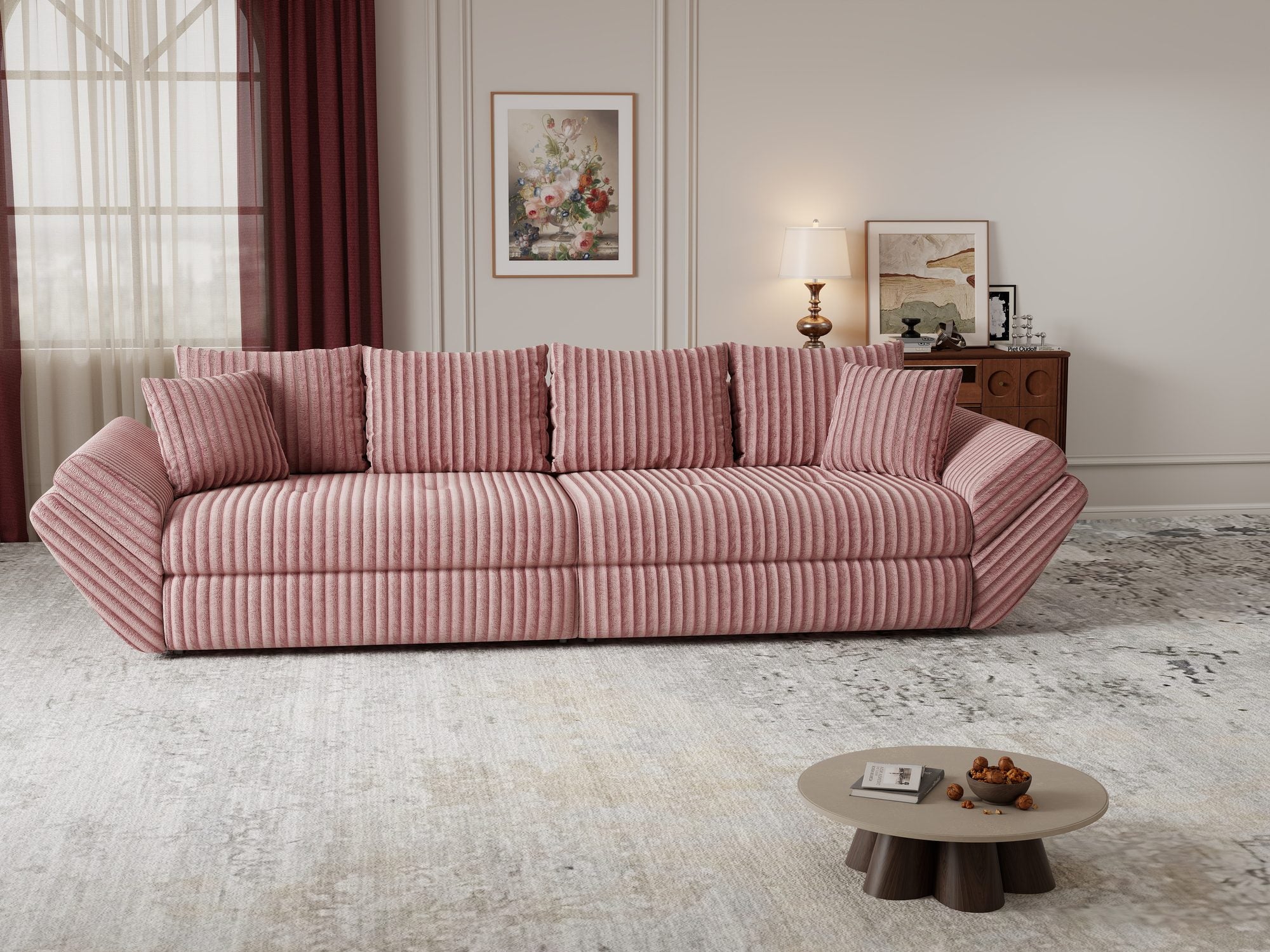 Dumonde kihúzható kanapé tárolórekesszel és kényelmes, nagy sűrűségű habszivacs ülőrésszel, Loana Tilia Poros rózsaszín 300x100 cm