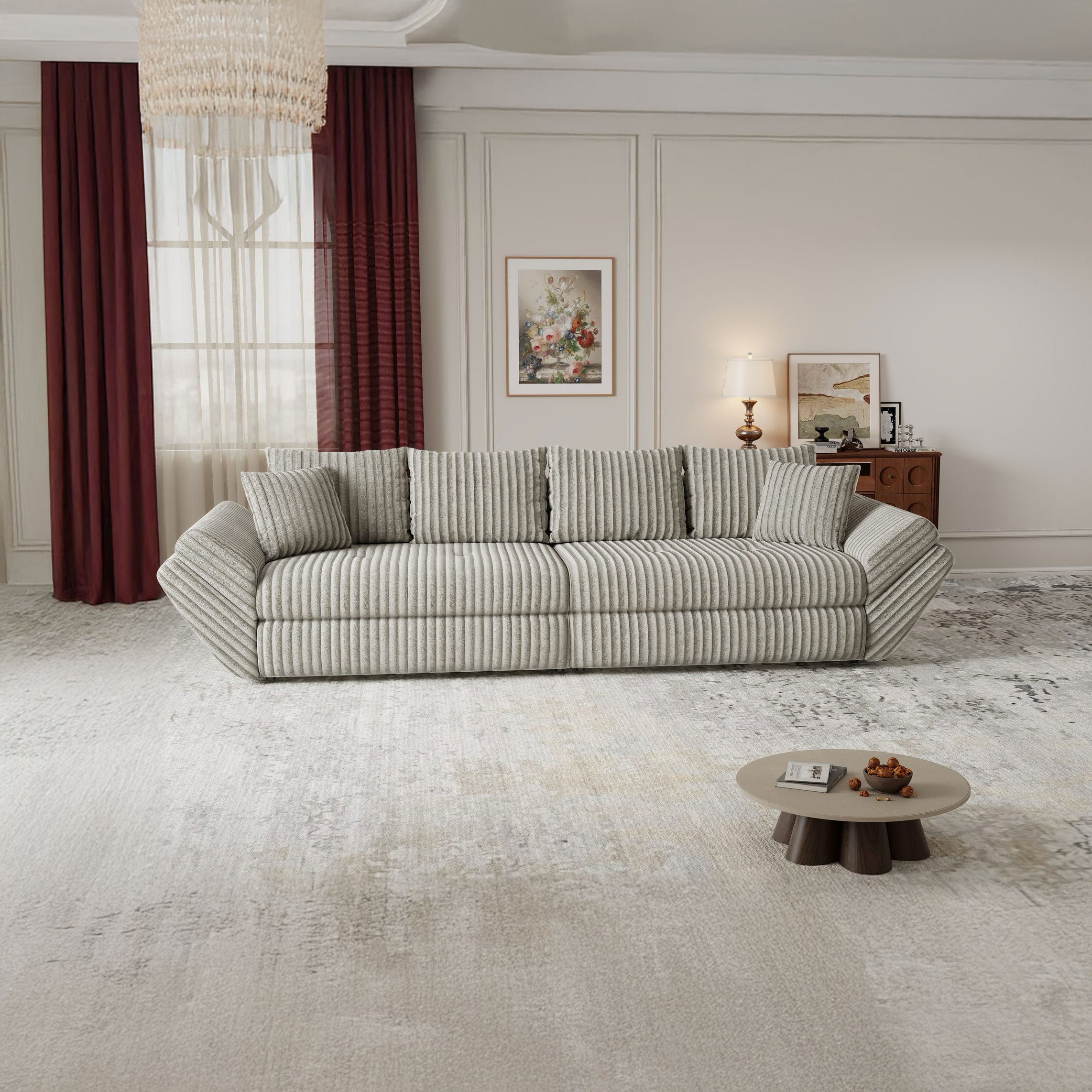 Dumonde kihúzható kanapé tároló rekesszel és kényelmes, nagy sűrűségű habszivacsból készült ülőfelülettel, Loana Tilia Szürke-beige 300x100 cm