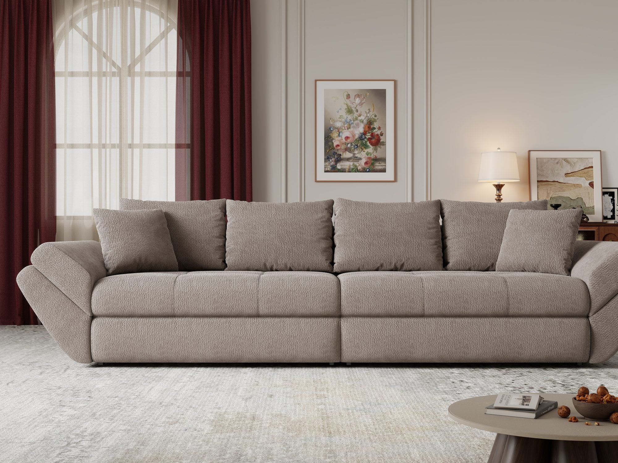 Dumonde kihúzható kanapé tárolórekesszel és kényelmes, nagy sűrűségű habszivacs ülőrésszel, Loana Vibe Barna 300x100 cm