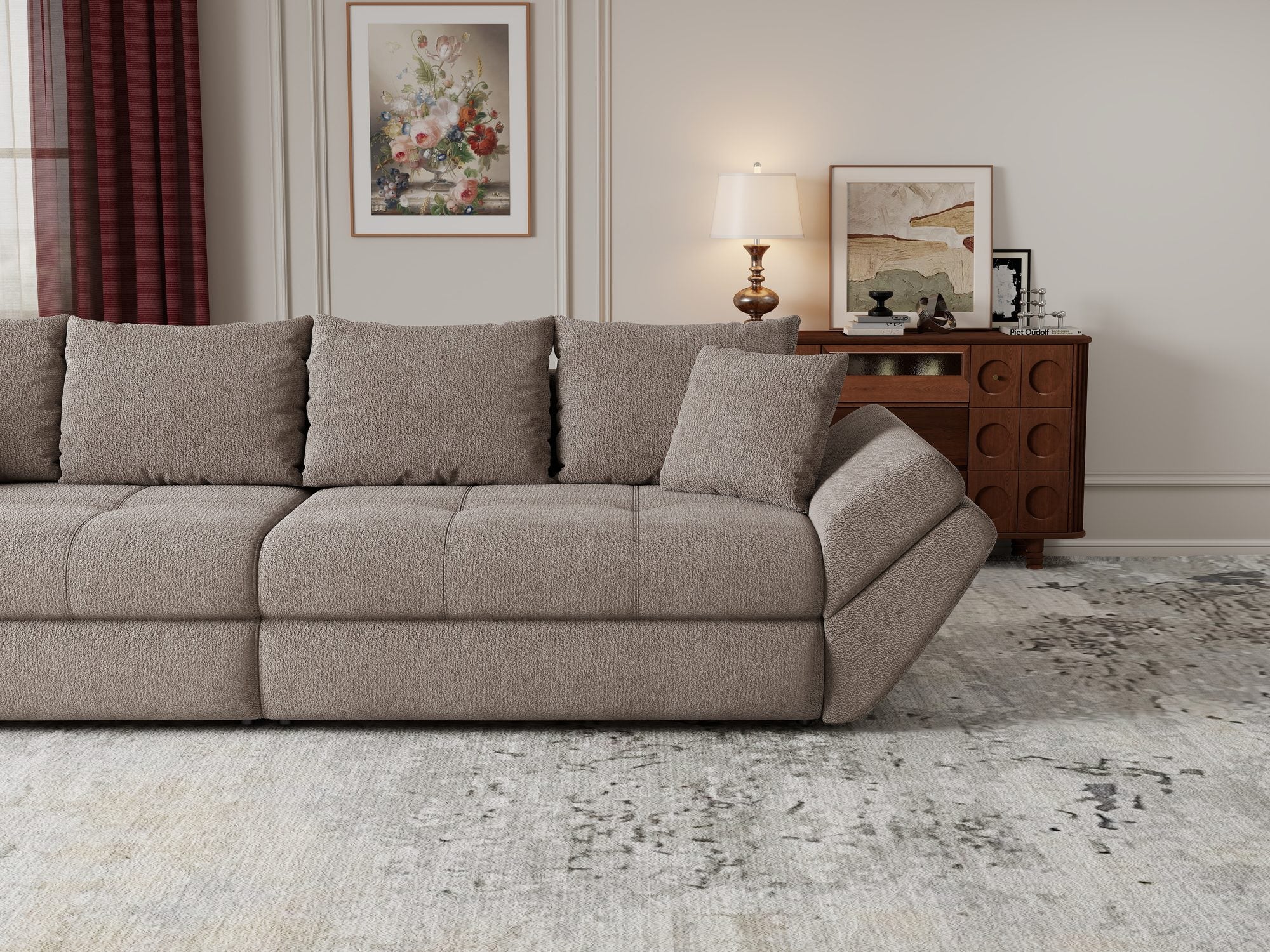 Dumonde kihúzható kanapé tárolórekesszel és kényelmes, nagy sűrűségű habszivacs ülőrésszel, Loana Vibe Barna 300x100 cm