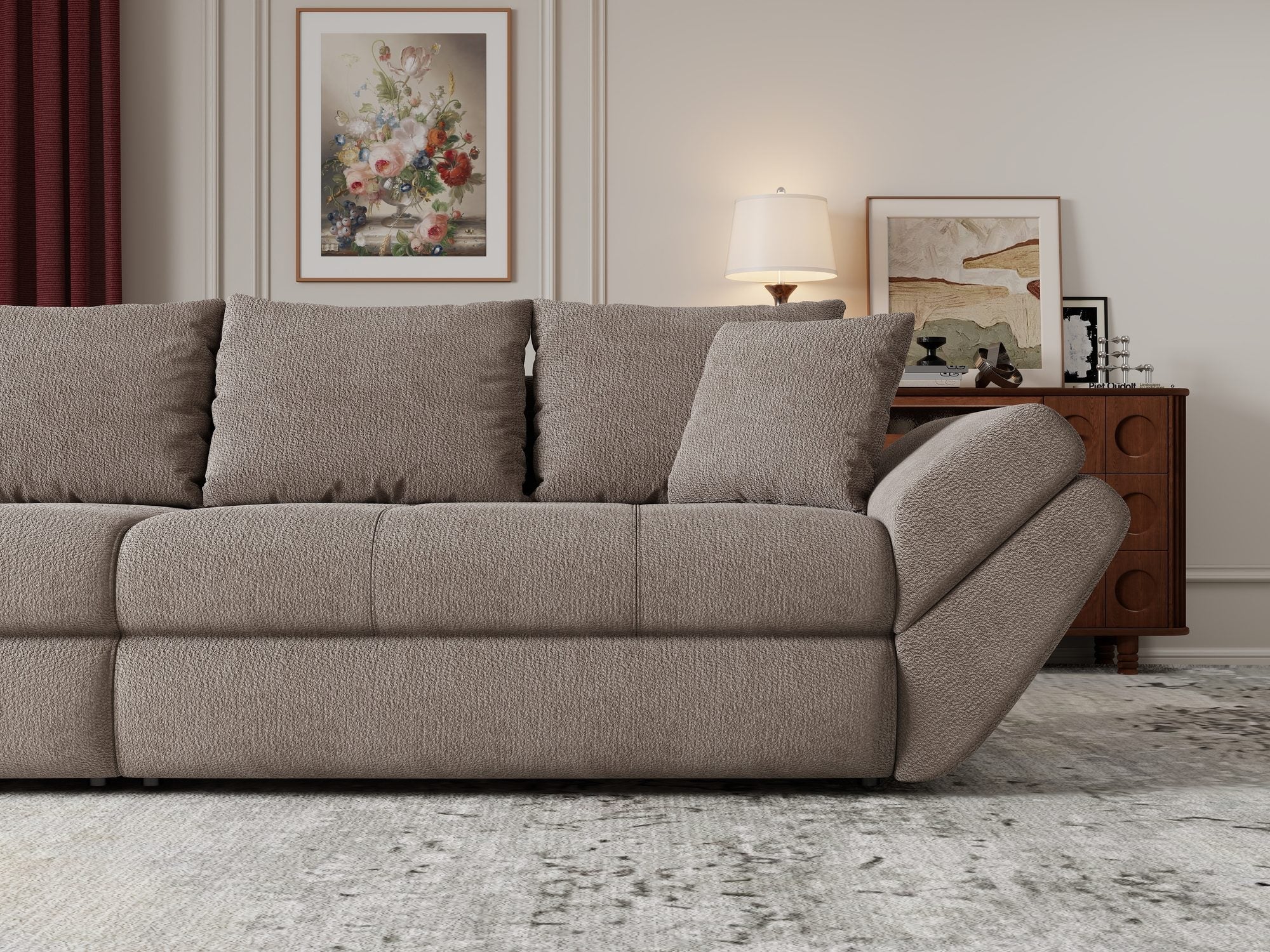 Dumonde kihúzható kanapé tárolórekesszel és kényelmes, nagy sűrűségű habszivacs ülőrésszel, Loana Vibe Barna 300x100 cm