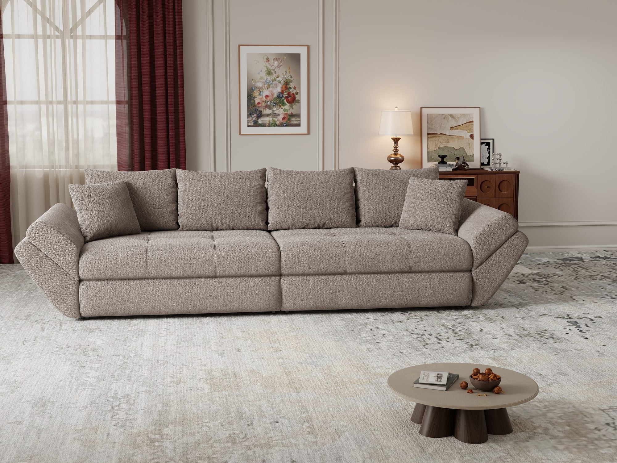 Dumonde kihúzható kanapé tárolórekesszel és kényelmes, nagy sűrűségű habszivacs ülőrésszel, Loana Vibe Barna 300x100 cm