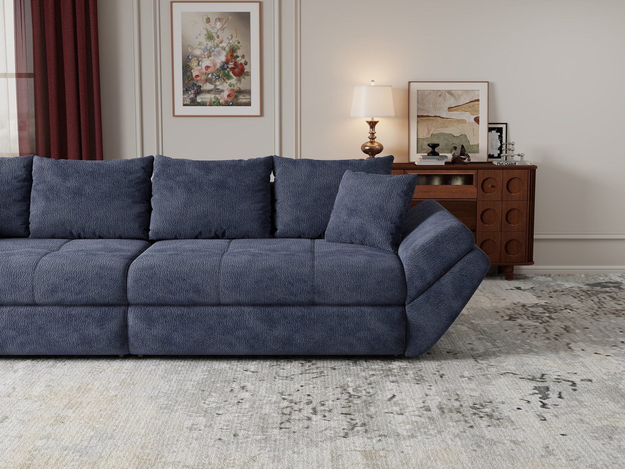 Dumonde kihúzható kanapé tárolórekesszel és kényelmes, nagy sűrűségű habszivacs ülőrésszel, Loana Vibe Kék 300x100 cm