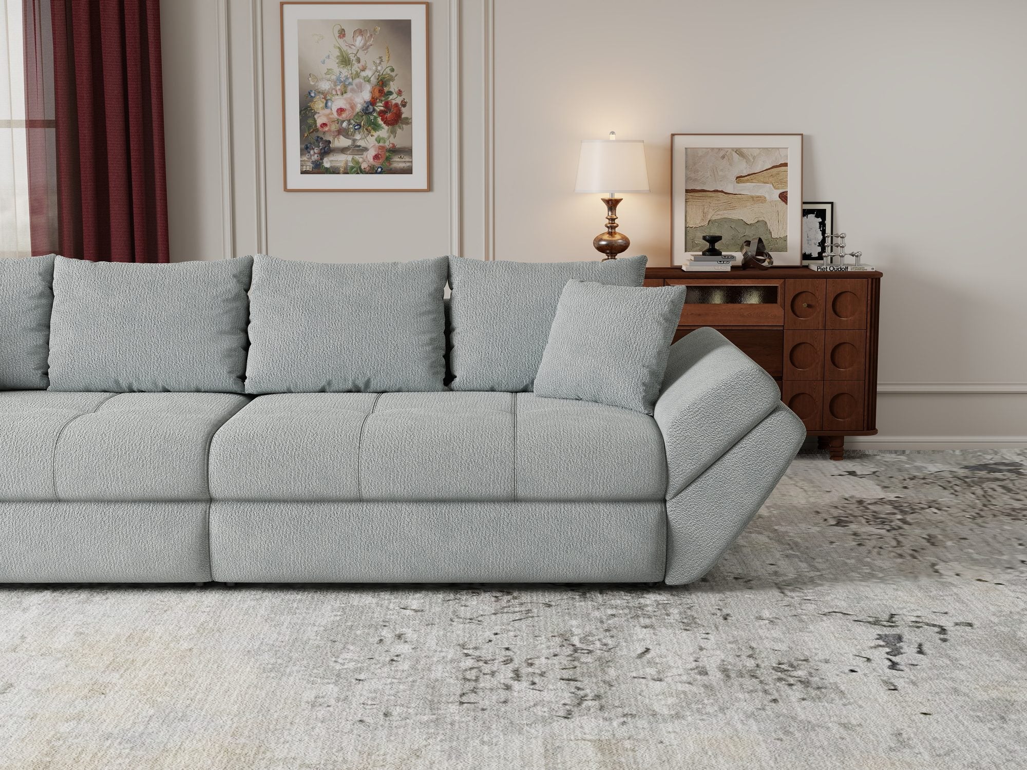 Dumonde kihúzható kanapé tárolórekesszel és kényelmes, nagy sűrűségű habszivacs ülőrésszel, Loana Vibe Mint 300x100 cm