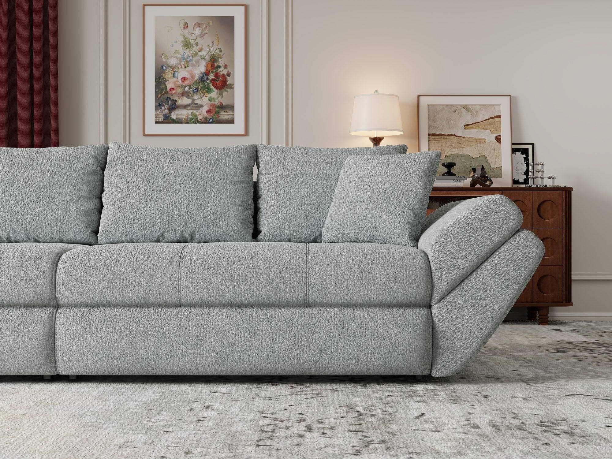 Dumonde kihúzható kanapé tárolórekesszel és kényelmes, nagy sűrűségű habszivacs ülőrésszel, Loana Vibe Mint 300x100 cm